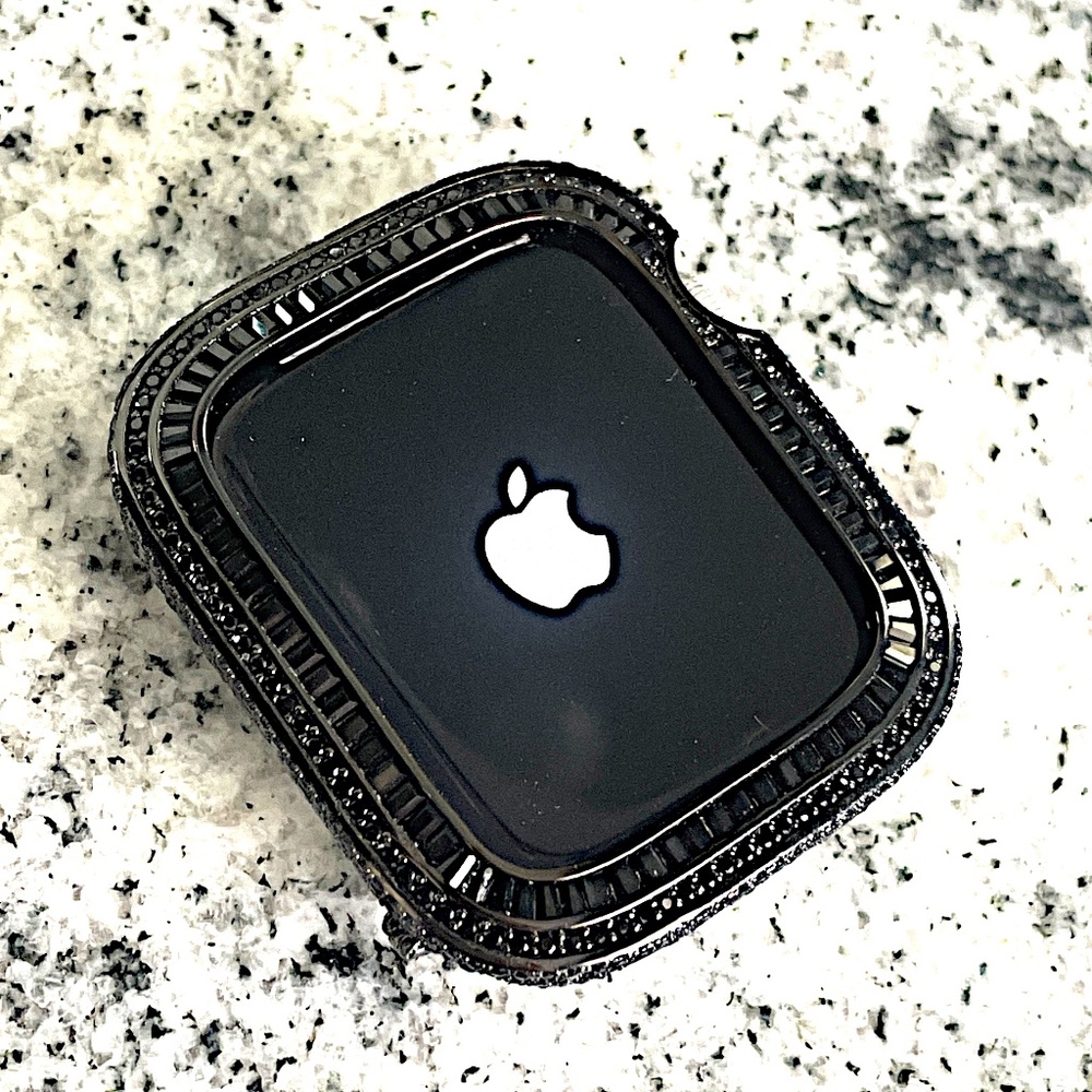 Apple Watch case in black gold with baguette and rounds